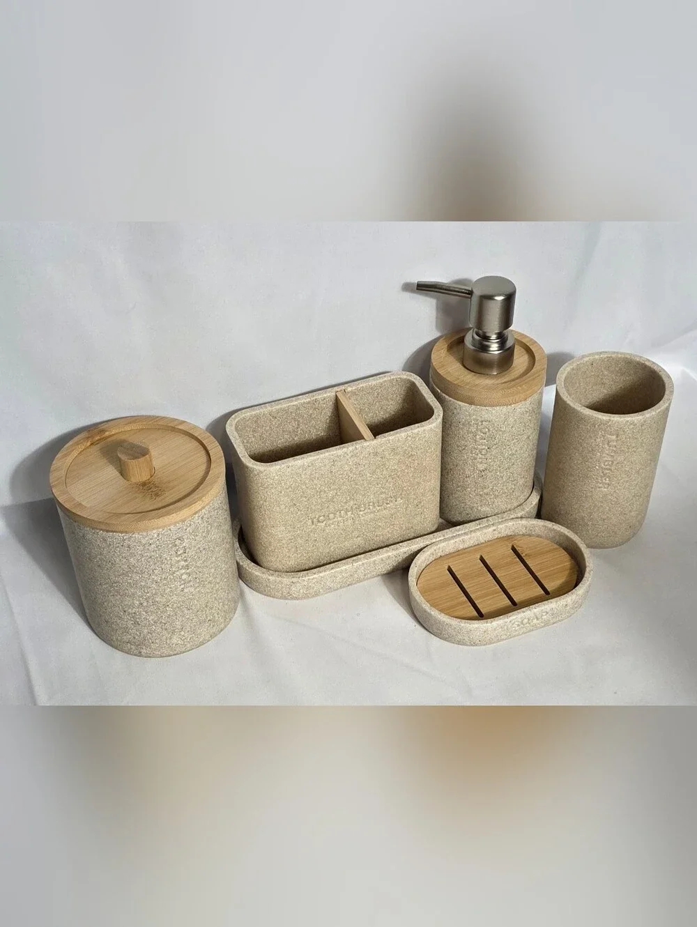 6 Piece Beige Resin Bathroom Accessory Set, Countertop Organizer - Stone Look